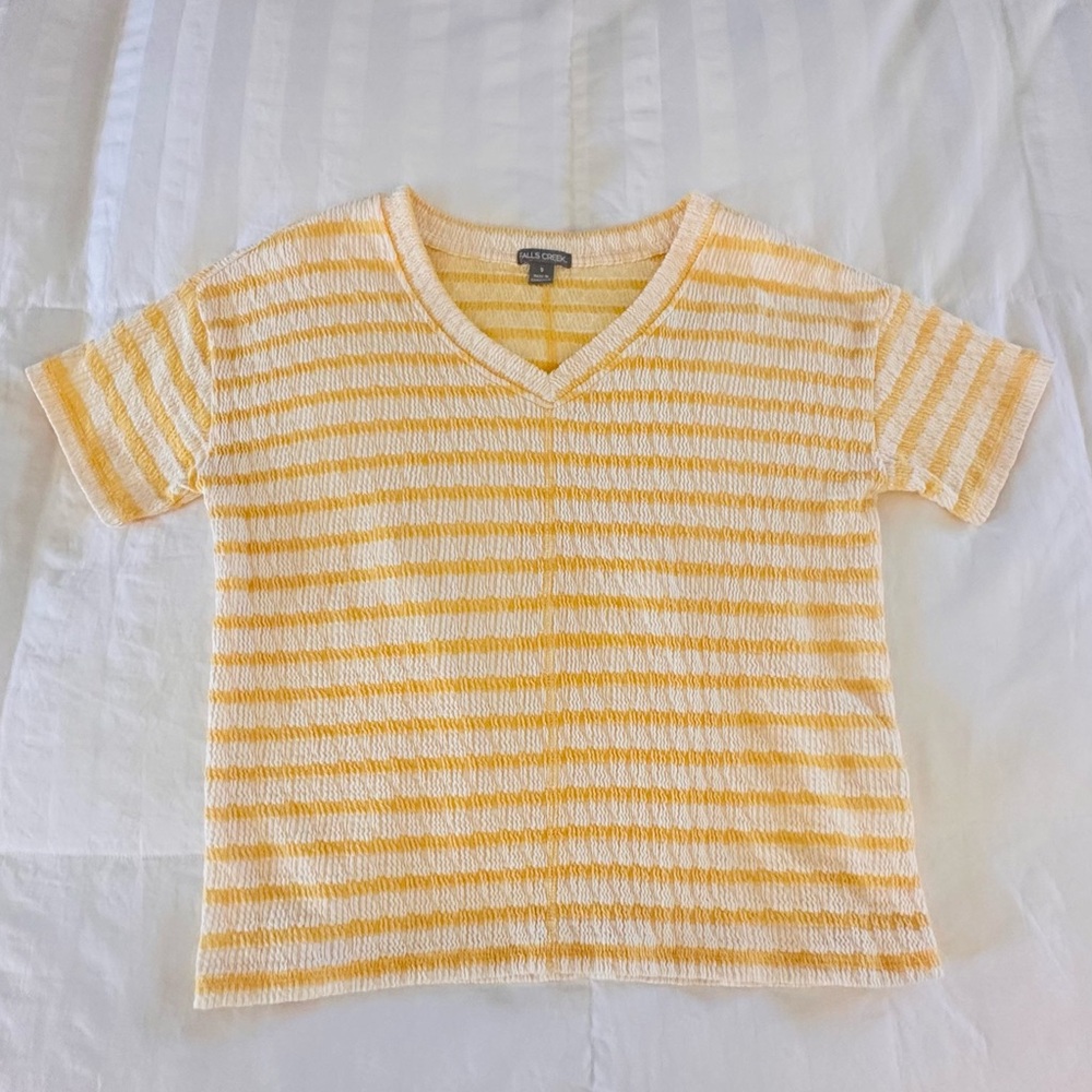 Falls Creek Yellow & White Striped V-Neck Tee.
